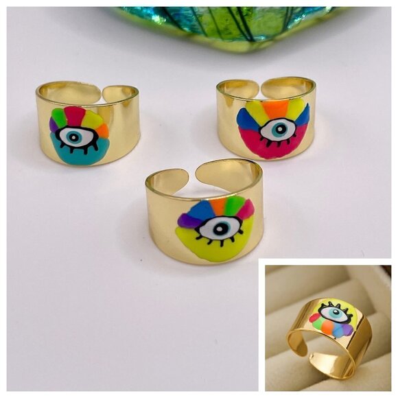Jewelry - Boho Evil Eye Enamel and Copper Adjustable Ring #1300 YELLOW MULTI